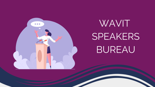 An animated logo of a woman speaking for the WAVIT Speakers Bureau.