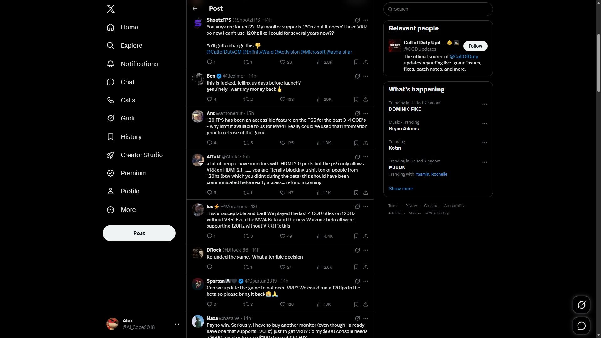 Dark-mode X feed showing a post and a thread of replies in the center, with navigation on the left and “Relevant people” and “What’s happening” panels on the right; the tone is informational.