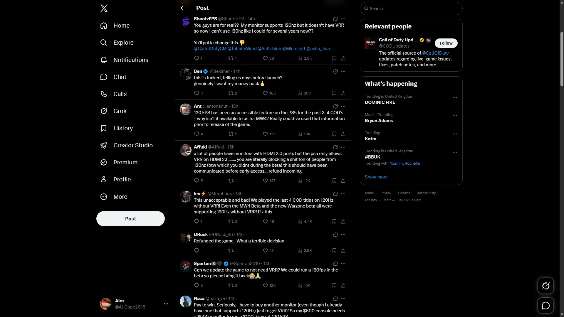 Dark-mode X feed showing a post and a thread of replies in the center, with navigation on the left and &amp;ldquo;Relevant people&amp;rdquo; and &amp;ldquo;What&amp;rsquo;s happening&amp;rdquo; panels on the right; the tone is informational.