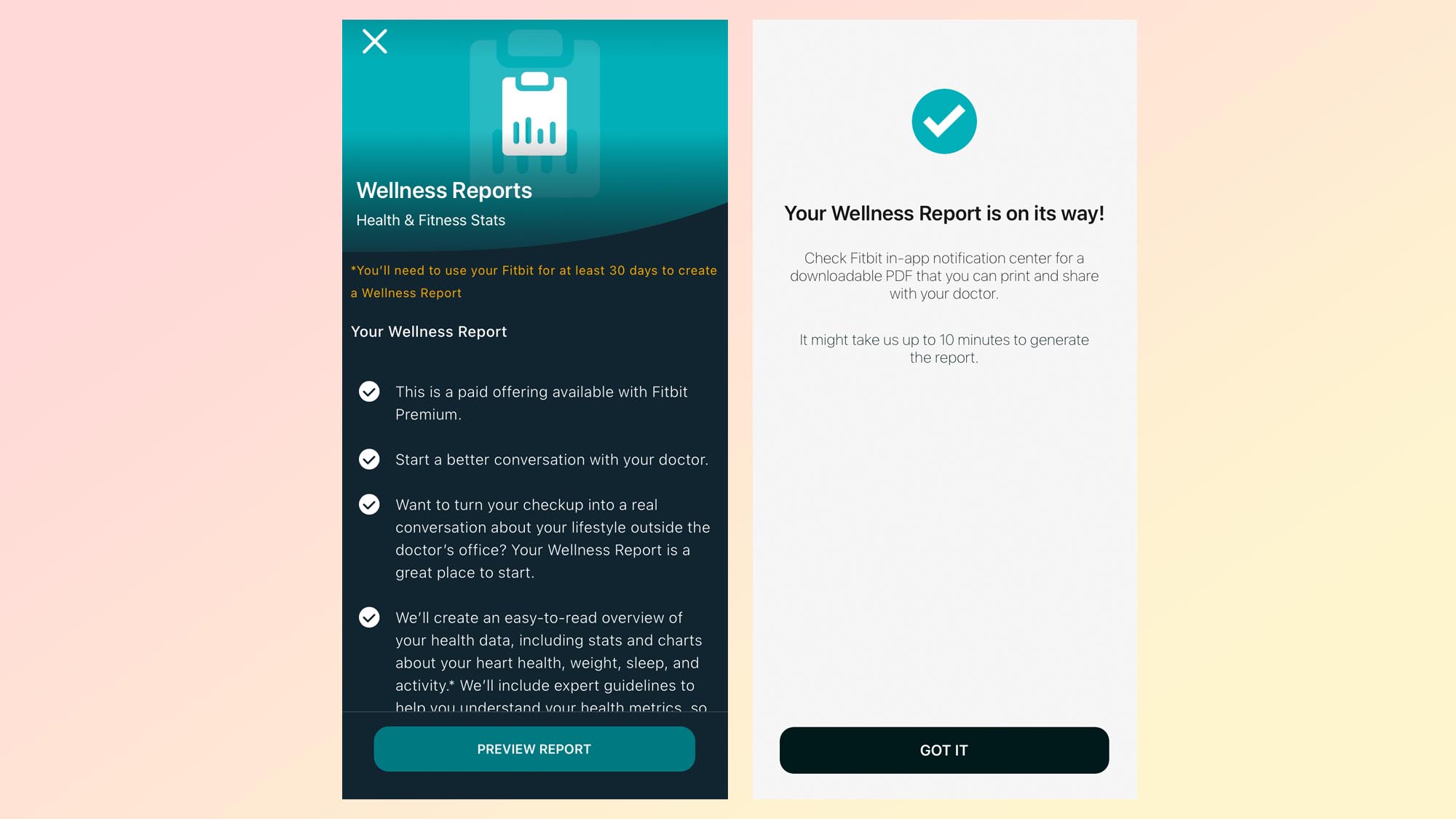 Screenshots of the Fitbit Premium Wellness Report