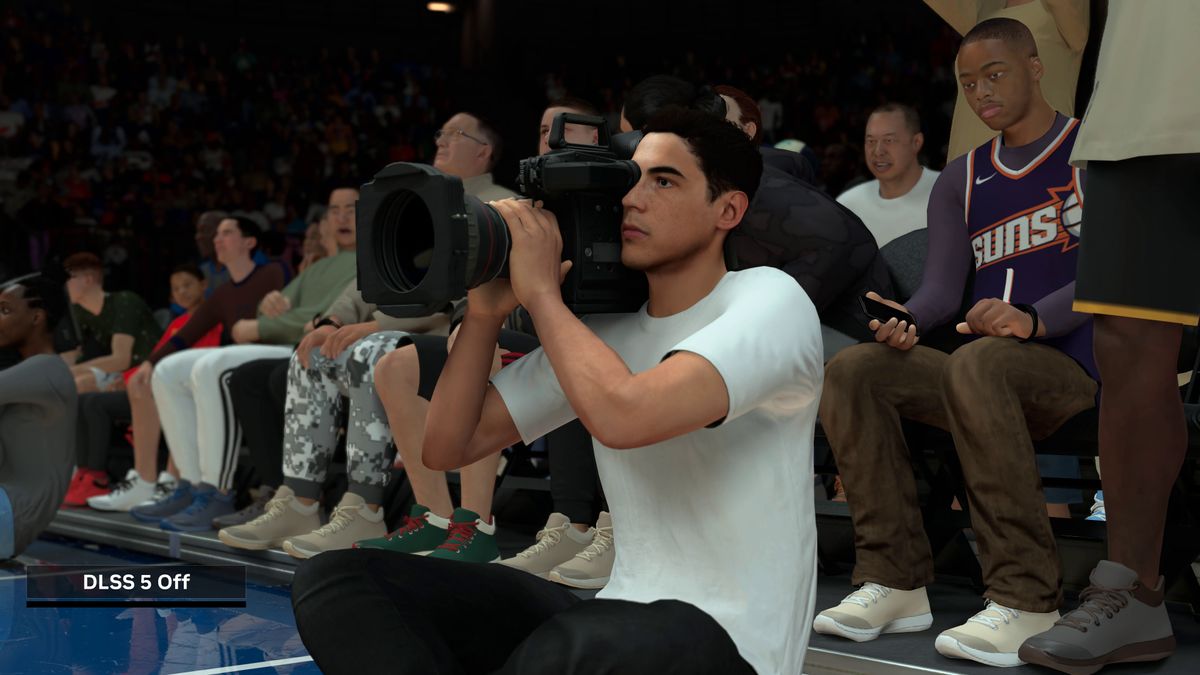 A DLSS 5 example image from NBA 2K27 showing NPC spectators in the crowd with DLSS 5 off
