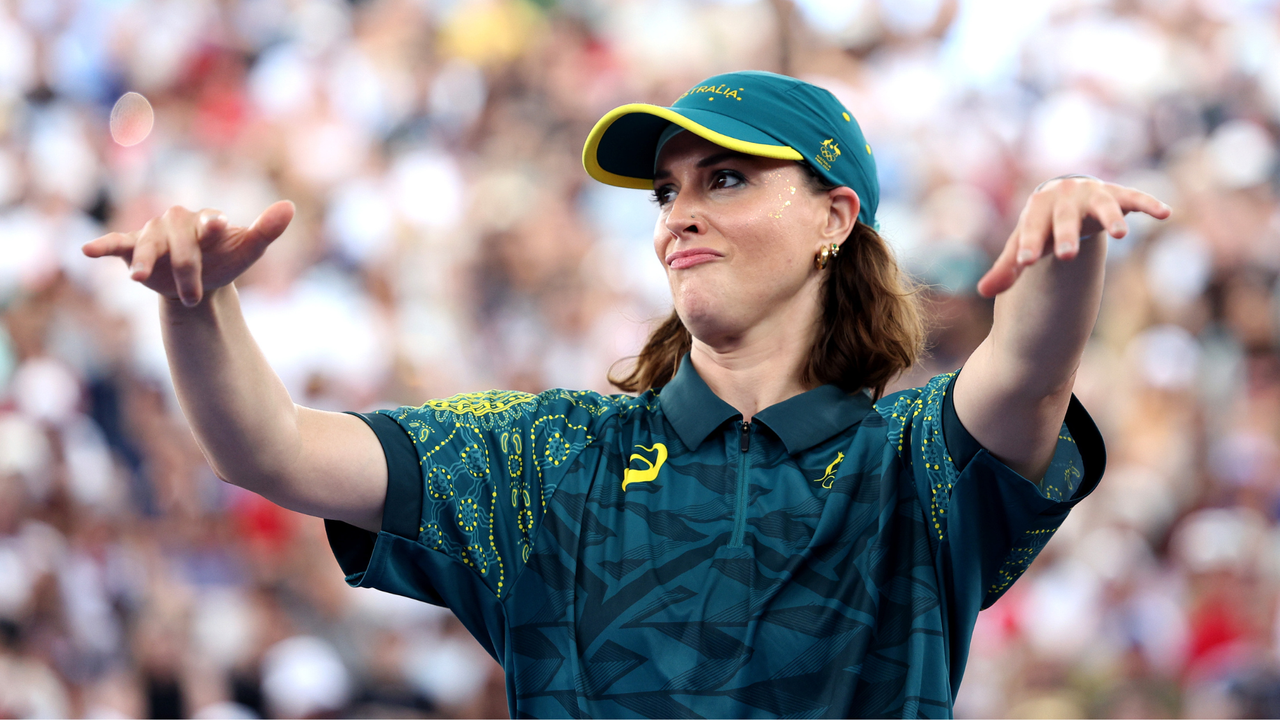 B-Girl Raygun of Team Australia reacts during the B-Girls Round Robin - Group B on day fourteen of the Olympic Games Paris 2024 at Place de la Concorde on August 09, 2024 in Paris, France.