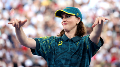 B-Girl Raygun of Team Australia reacts during the B-Girls Round Robin - Group B on day fourteen of the Olympic Games Paris 2024 at Place de la Concorde on August 09, 2024 in Paris, France.