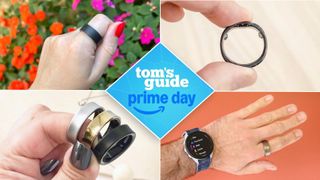 A collage of sleep tracking rings including RingConn, Samsung Galaxy Ring, Amazfit Helio ring and Ultrahuman ring with Tom's Guide Prime Day logo