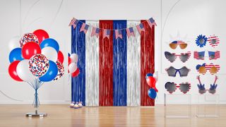 A selection of patriotic balloons, shades, and party supplies. 