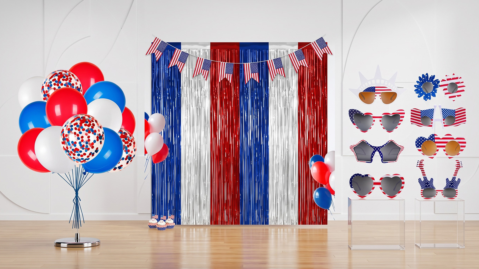 A selection of patriotic balloons, shades, and party supplies.
