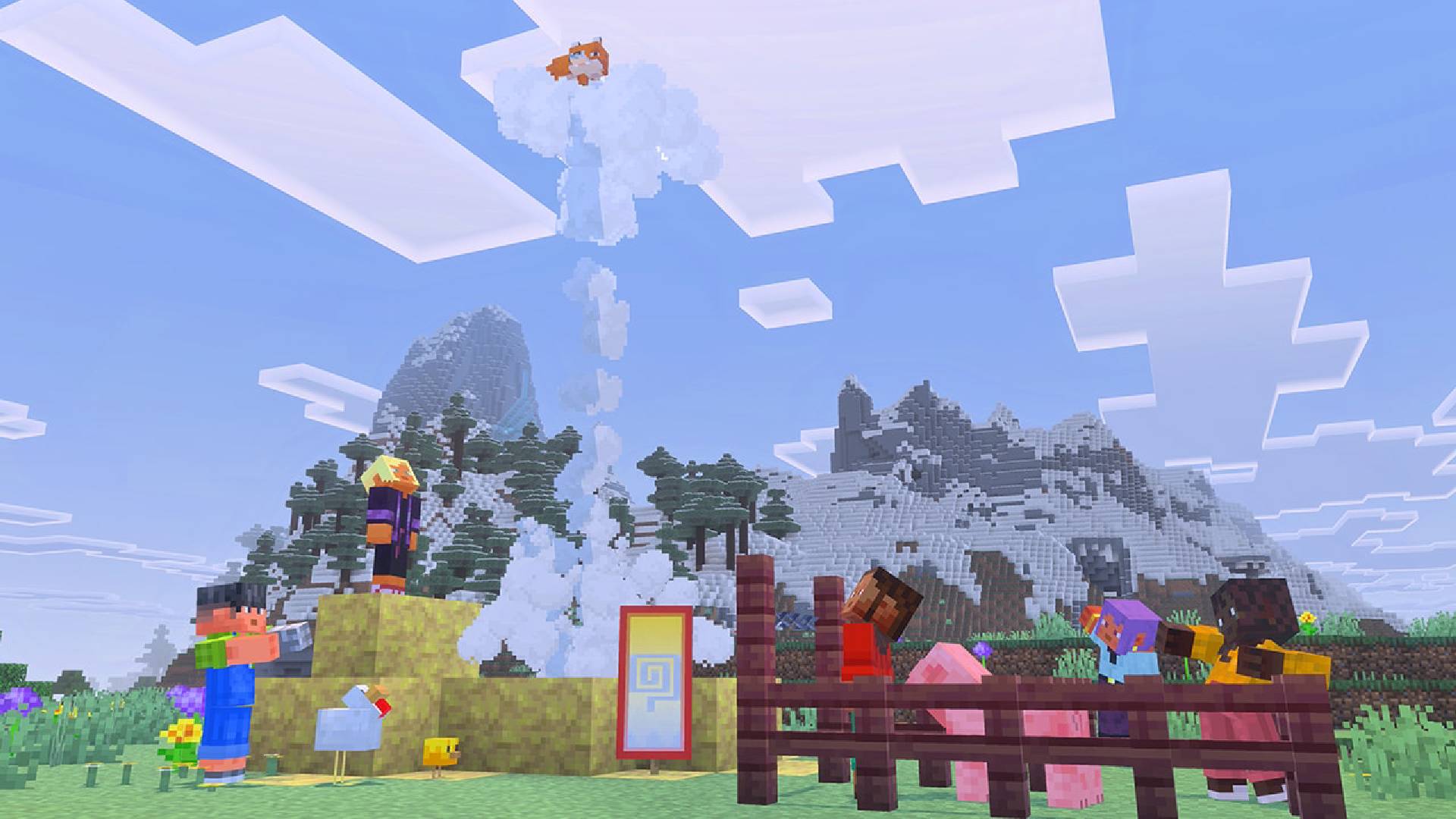 A fox being flung into the air from a geyser in Minecraft