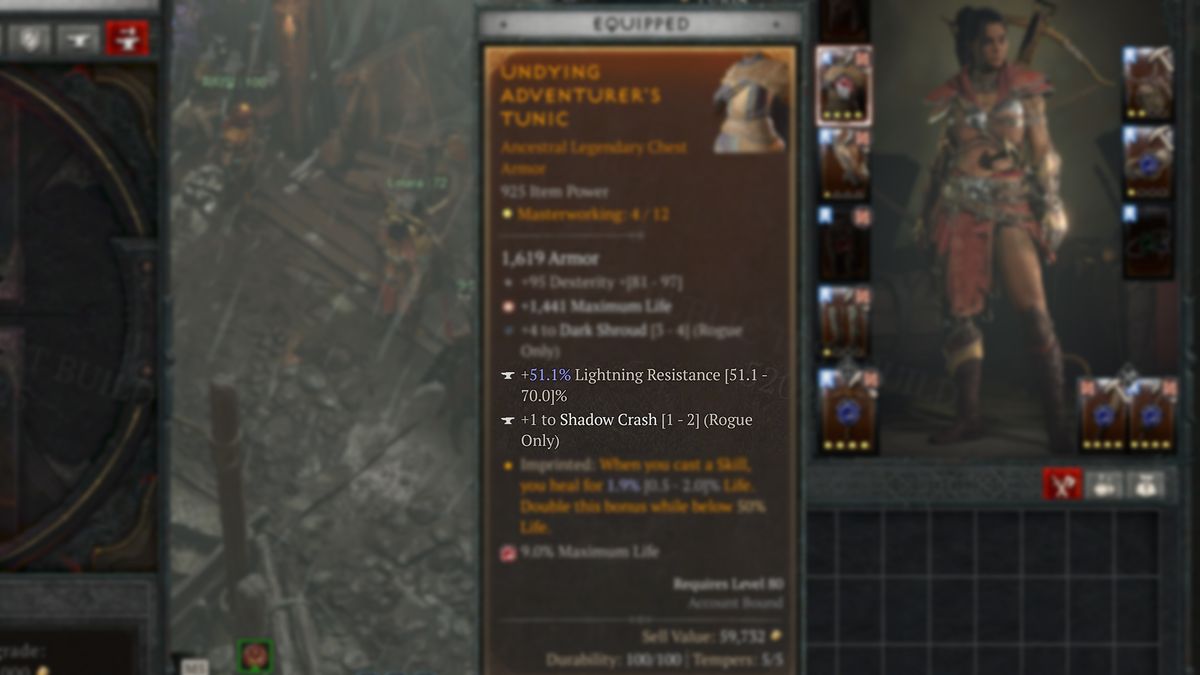 Diablo 4 item tooltip with Tempering stats highlight and other stats blurred out