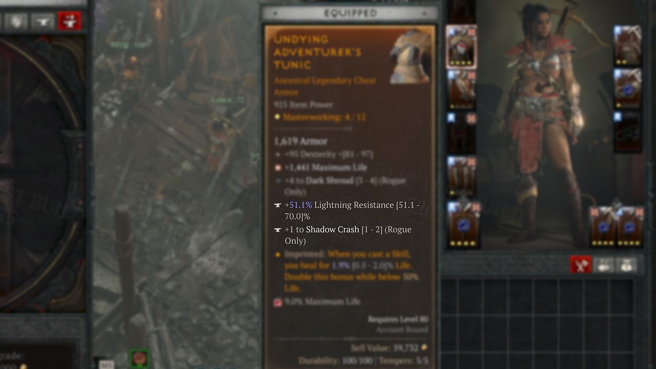 Diablo 4 item tooltip with Tempering stats highlight and other stats blurred out