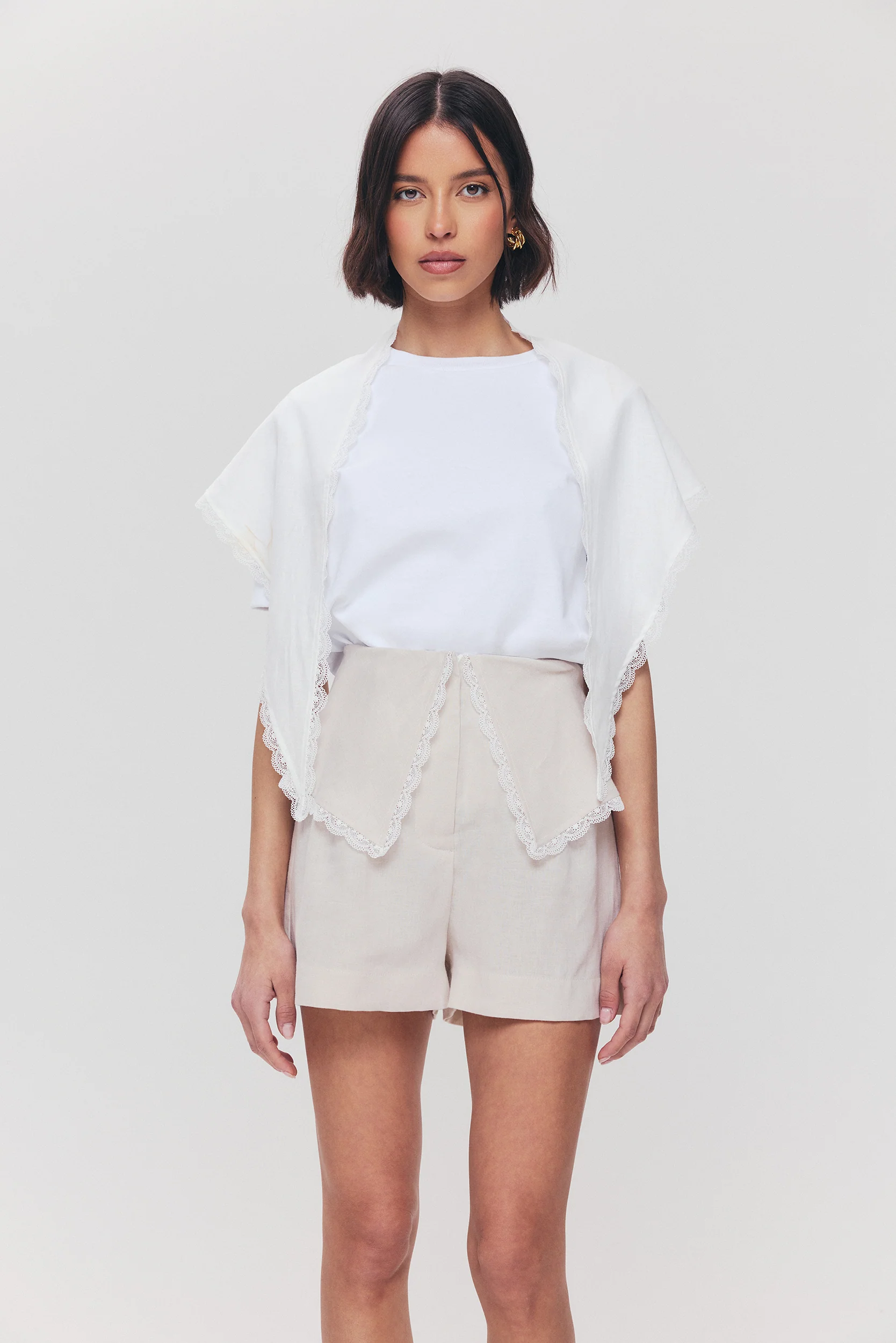 A STPLE model wears lace-trim shorts.
