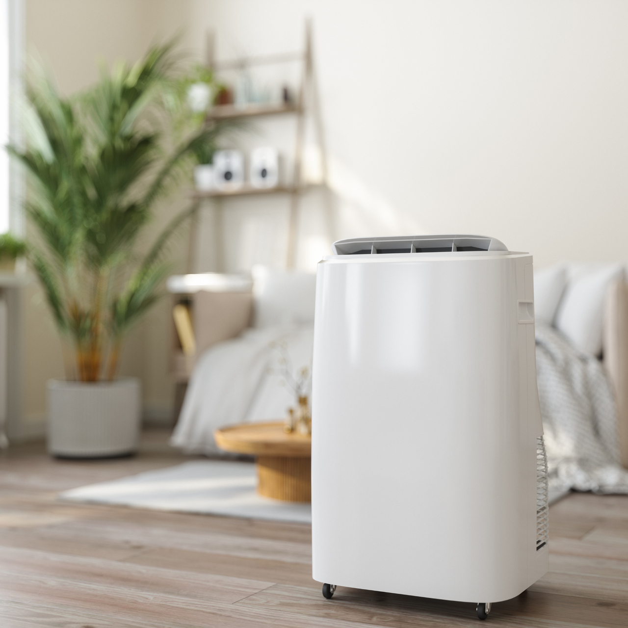 Close-up View Of Portable Air Conditioner With Blurred Living Room Background.