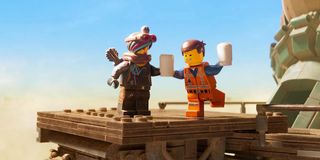 Lucy a.k.a. Wyldstyle and Emmet drinking coffee in Apocalypseburg in The LEGO Movie 2: The Second Pa