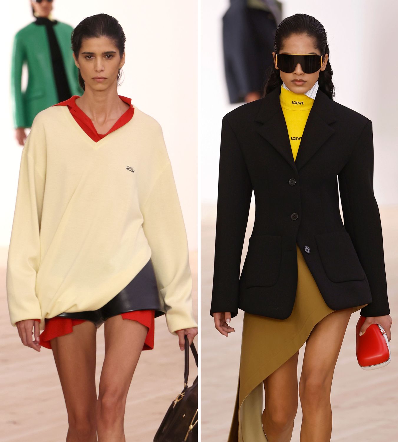 two models wearing layered coloured clothes on the loewe ss26 catwalk