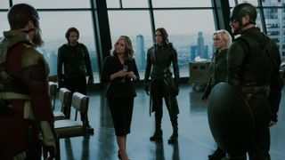 From left to right: Alexei Shostakov / Red Guardian (David Harbour), Bucky Barnes (Sebastian Stan), Valentina Allegra de Fontaine (Julia Louis-Dreyfus), Ghost (Hannah John-Kamen), Yelena Belova (Florence Pugh) and John Walker (Wyatt Russell) in the former Avengers Tower in Thunderbolts*.
