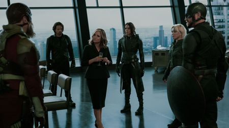 From left to right: Alexei Shostakov / Red Guardian (David Harbour), Bucky Barnes (Sebastian Stan), Valentina Allegra de Fontaine (Julia Louis-Dreyfus), Ghost (Hannah John-Kamen), Yelena Belova (Florence Pugh) and John Walker (Wyatt Russell) in the former Avengers Tower in Thunderbolts*.