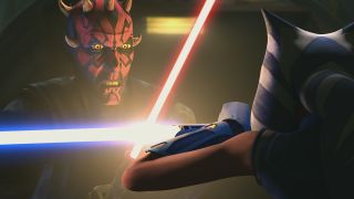 Darth Maul and Ahsoka Tano lightsaber dueling in Star Wars: The Clone Wars