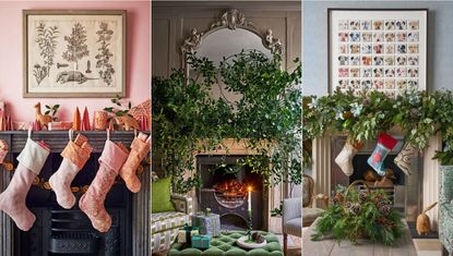 Christmas mantel decor ideas. Pink room with colorful stockings, fireplace decorated with large bunches of foliage, blue room with garland on mantel, colorful stockings