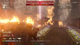 Helldivers 2 Helldiver shooting terminid impaler with heavy machine gune