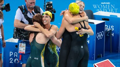 NANTERRE, FRANCE - JULY 27: Mollie O&#039;Callaghan, Shayna Jack, Emma McKeon and Meg Harris of Team Australia react after winning gold medal on Women&#039;s 4x100m Freestyle Relay Finals on day one of the Olympic Games Paris 2024 at Paris La Defense Arena on July 27, 2024 in Nanterre, France. (Photo by Jean Catuffe/Getty Images)