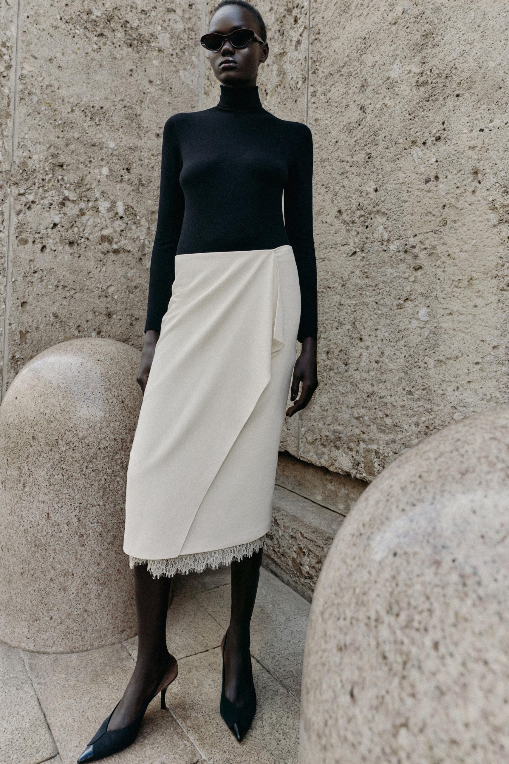 Lace Wrap Midi Skirt - Oyster-White - Xs