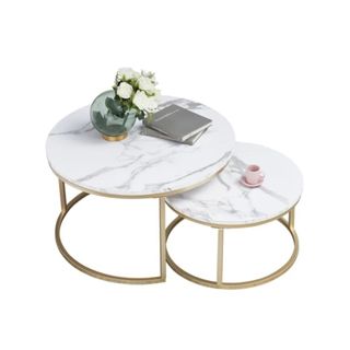 Two marble and gold circular coffee tables