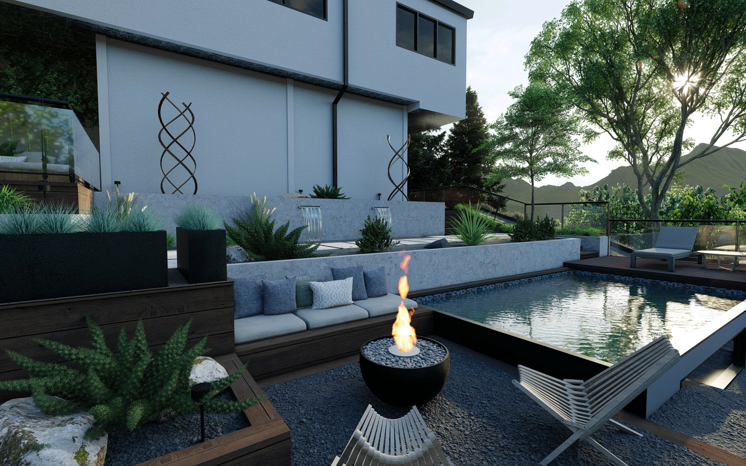 back yard design with plunge pool and fire pit