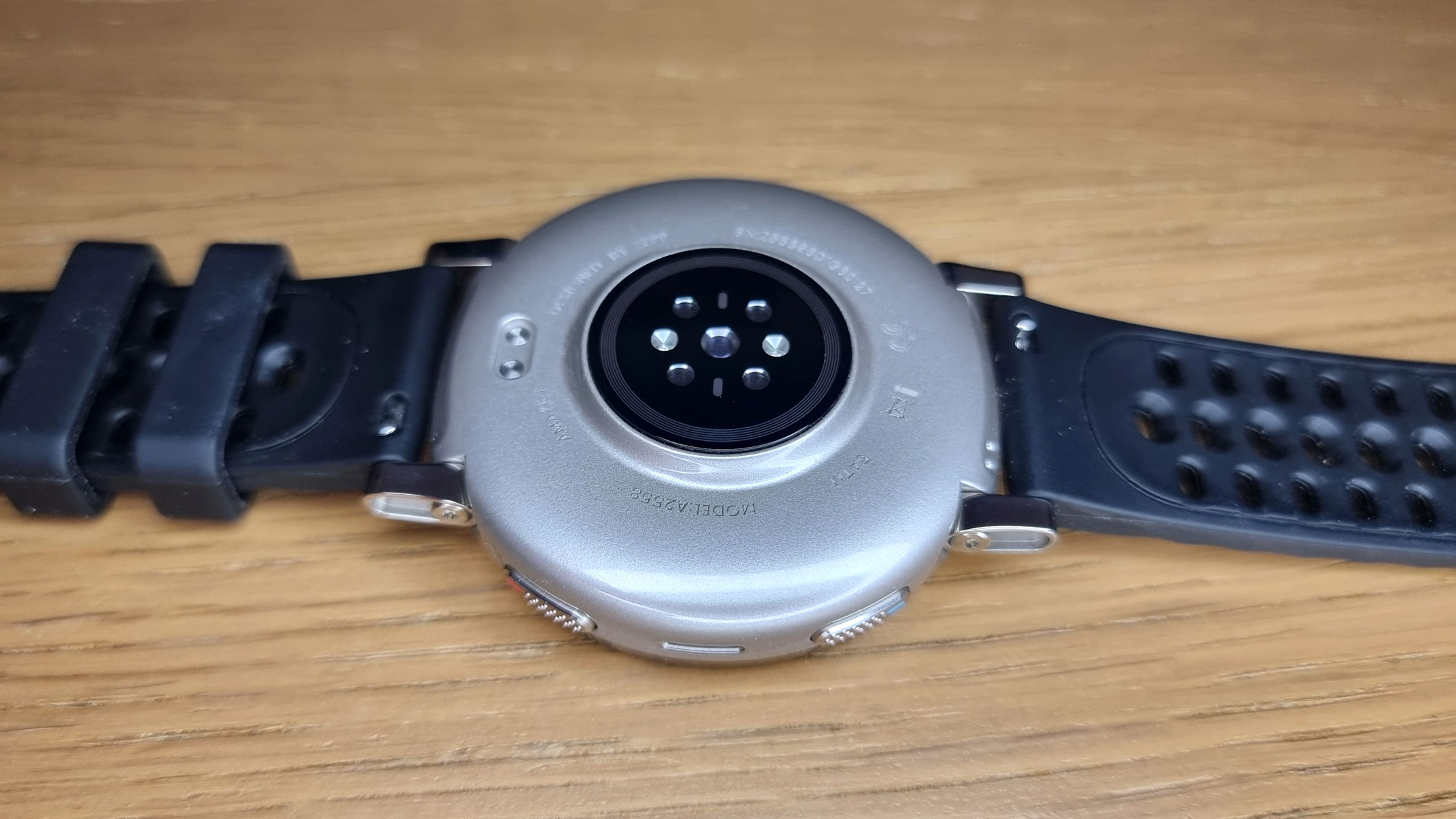 a close-up picture of the heart rate sensor in the Amazfit Active 3 Premium smartwatch