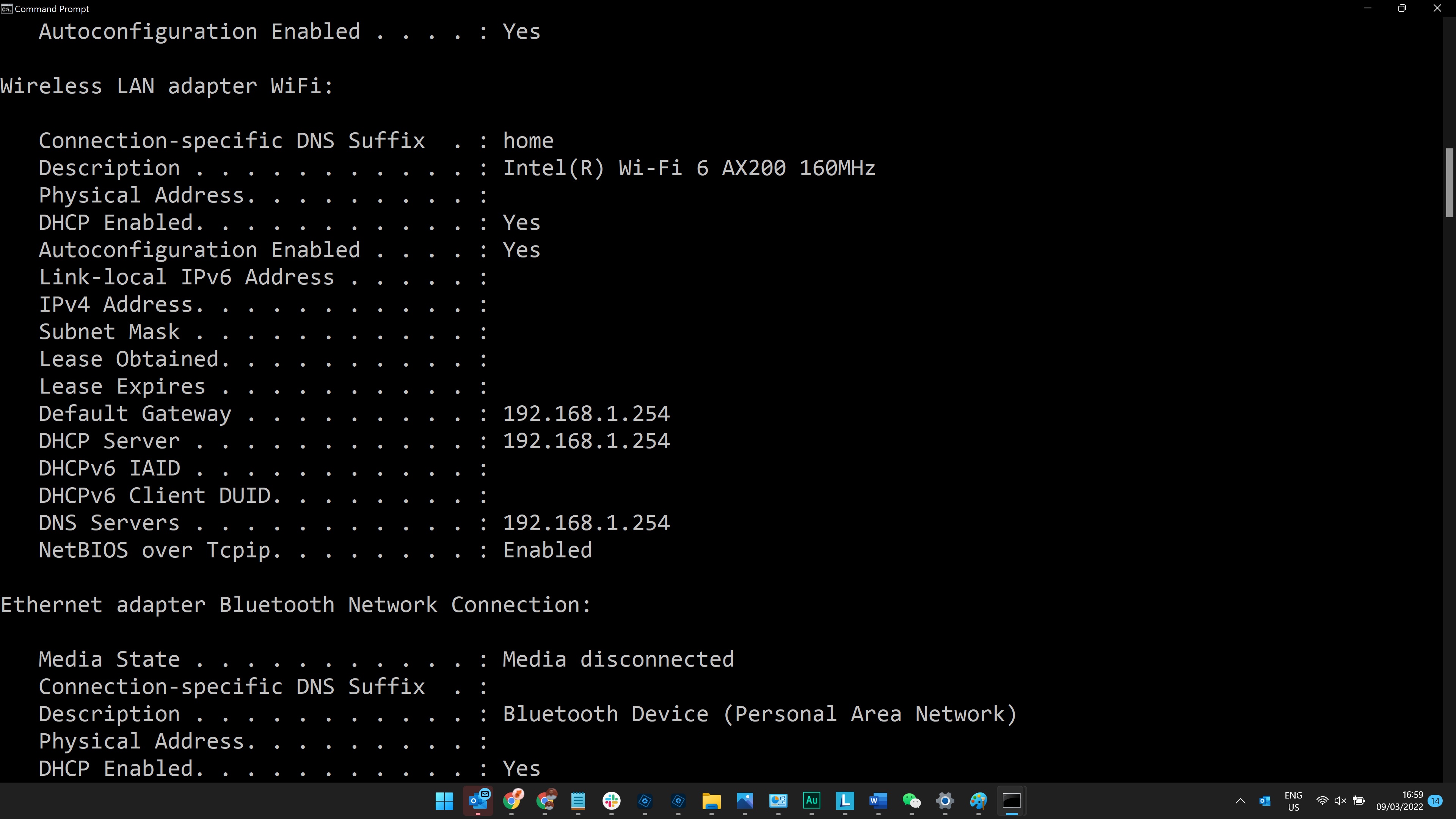 Windows 11 command prompt with network info displayed