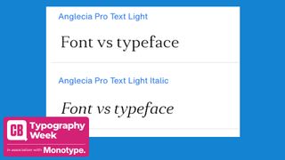 Font vs typeface in two different fonts plus the typography week logo in pink