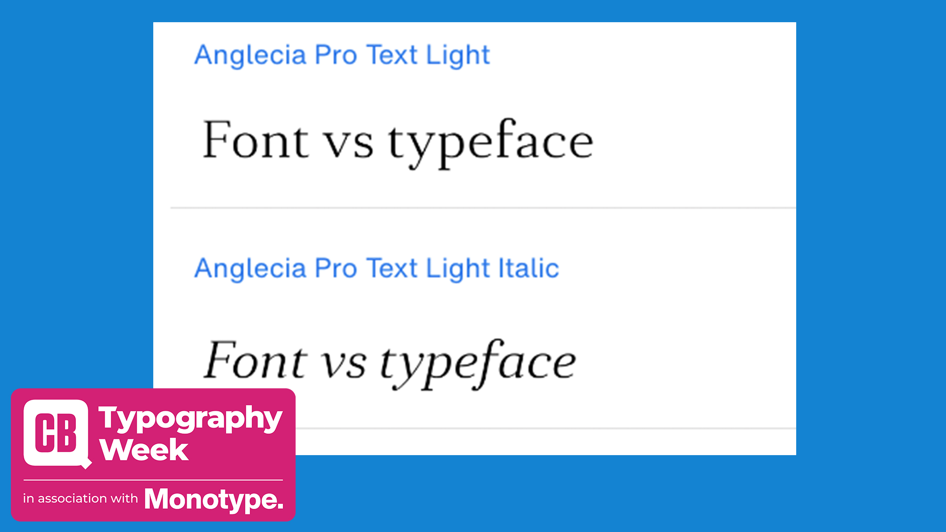 Font vs typeface in two different fonts plus the typography week logo in pink