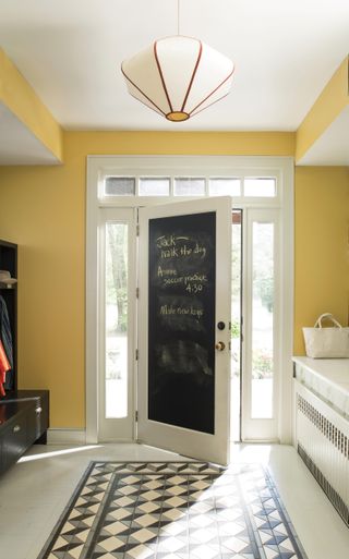 Hallway door painted with chalk board paint by Benjamin Moore