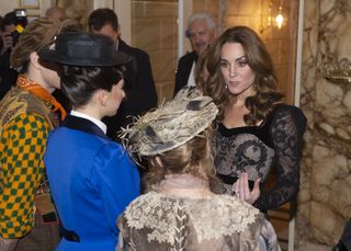 LONDON, ENGLAND - NOVEMBER 18: Catherine, Duchess of Cambridge meets the cast of Mary Poppins including Petula Clark (in the beige hat) as she attends the Royal Variety Performance at Palladium Theatre on November 18, 2019 in London, England. (Photo by Geoff Pugh - WPA Pool/Getty Images)