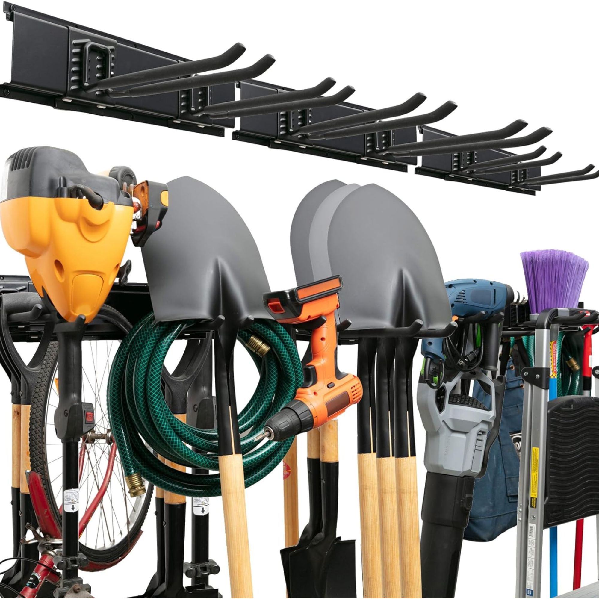 A black garage tool organizer wall mount with shovels and tools hanging up