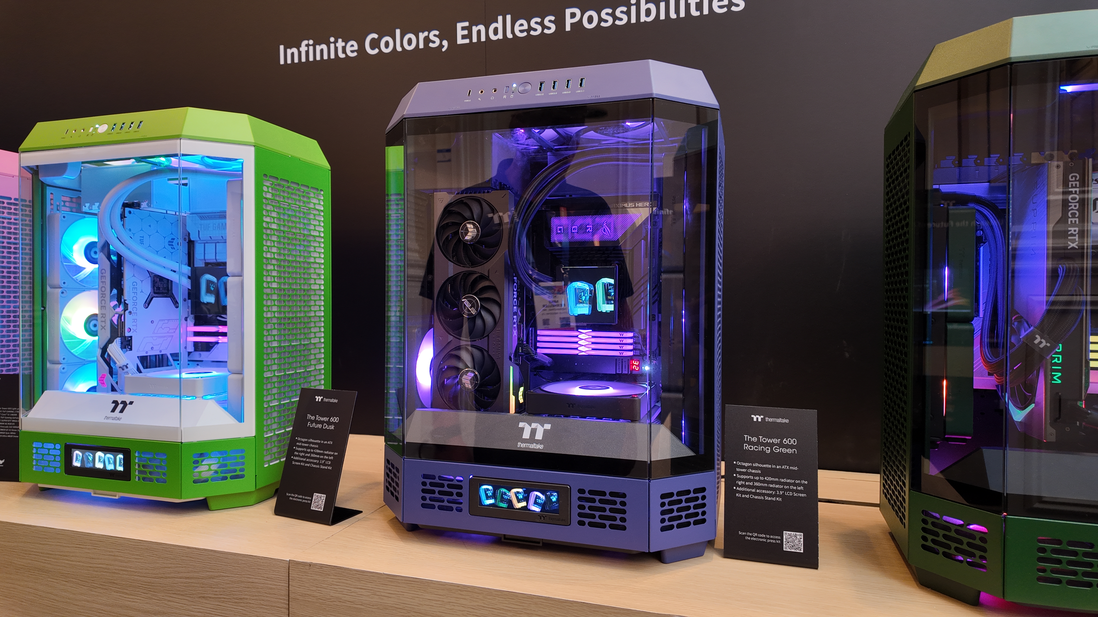 Thermaltake's brightly coloured PC cases at its CES 2025 booth.