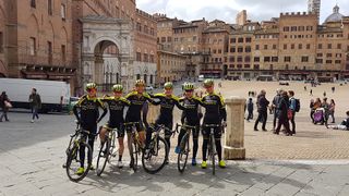 Annemiek van Vleuten with her Mitchelton-Scott teammates on the eve of Strade Bianche in Siena's Piazza del Campo