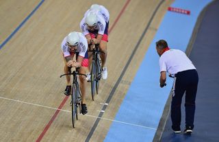 Bradley Wiggins leads his team during the Men's Team Pursuit Qualification during the UCI Track Cycling World Championships