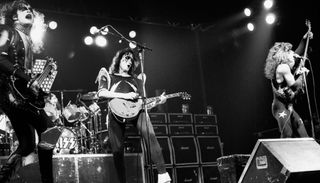 (from left) Gene Simmons, Ace Frehley and Paul Stanley perform with Kiss in the Netherlands in 1976
