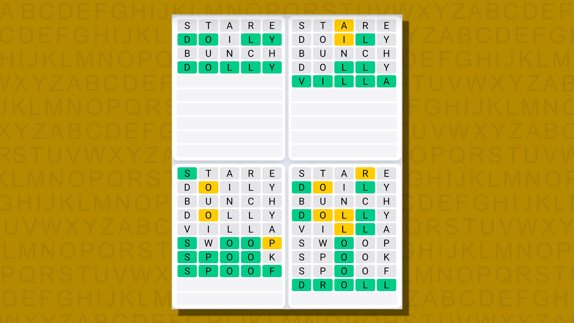 Quordle daily sequence answers for game 719 on a yellow background