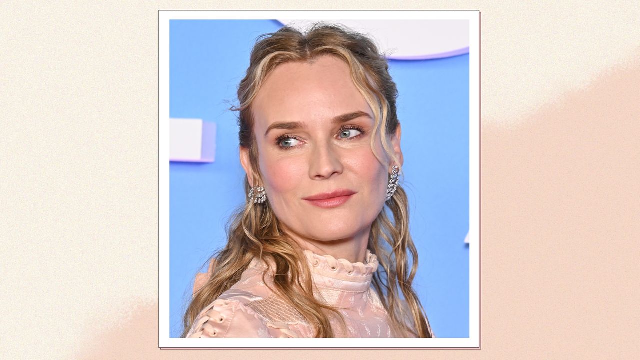 Diane Kruger is pictured with wavy hair and wearing a pastel pink dress whilst arriving at the 49th Cesar Film Awards at L&#039;Olympia on February 23, 2024 in Paris, France/ in a cream and beige gradient template