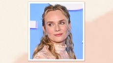 Diane Kruger is pictured with wavy hair and wearing a pastel pink dress whilst arriving at the 49th Cesar Film Awards at L'Olympia on February 23, 2024 in Paris, France/ in a cream and beige gradient template