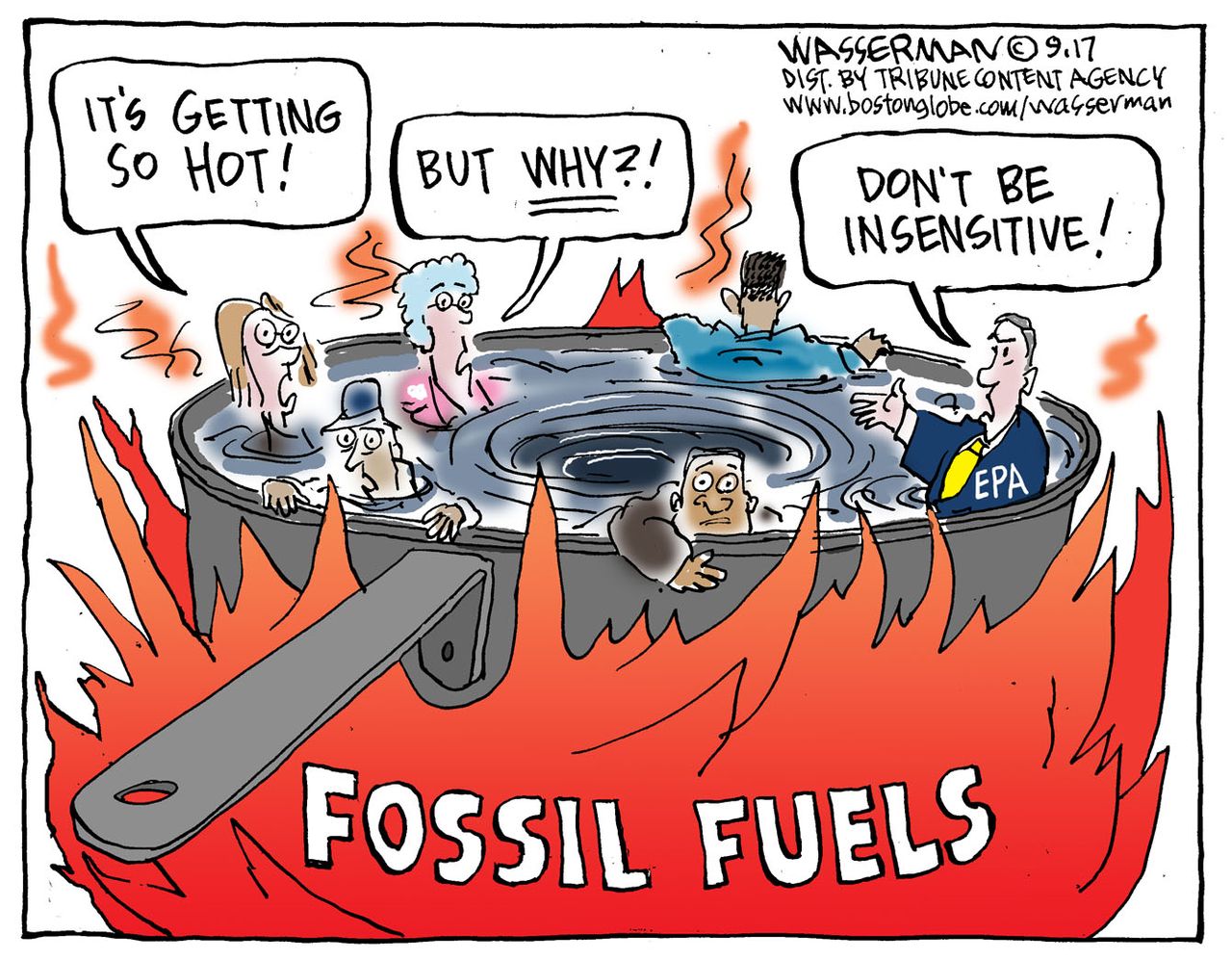 Political cartoon U.S. hurricanes EPA climate change deniers fossil fuels