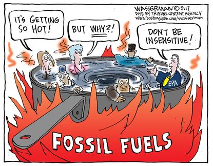 Political cartoon U.S. hurricanes EPA climate change deniers fossil fuels
