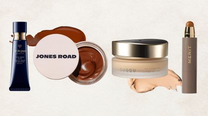 Collage of four of the best cream foundations from (left to right) Cle de Peau, Jones Road, SUQQU and MERIT, set in front of two product swatches on an off-white background
