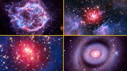 Four red, white, and blue images fo spcae objects captured by the Chandra X-ray Observatory and other telescopes