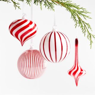 Red & White Striped Glass Christmas Tree Ornaments