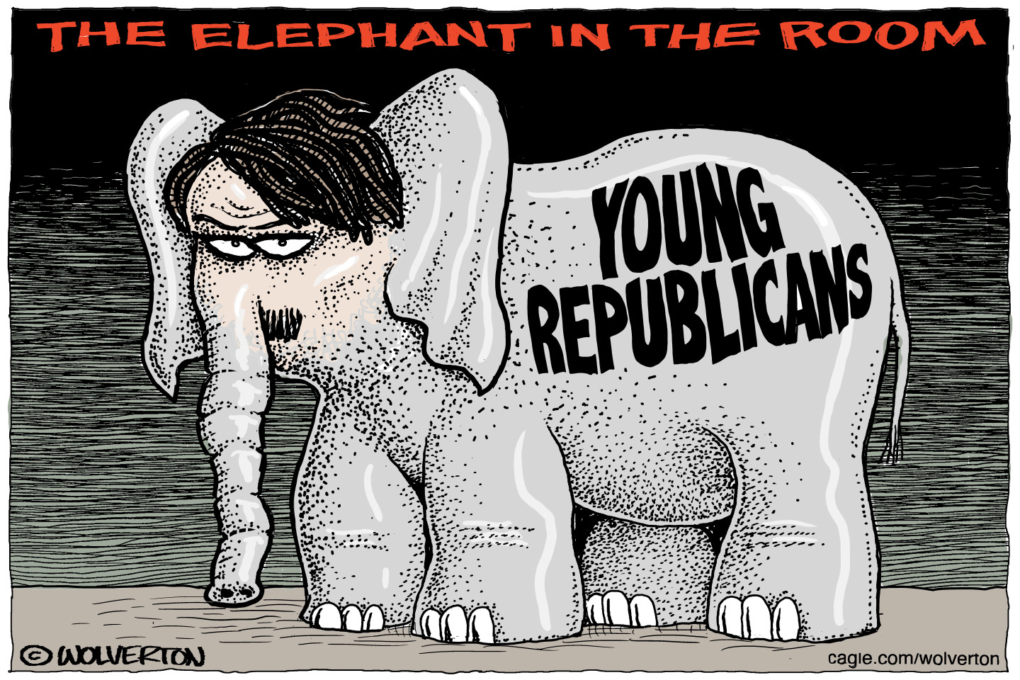 This editorial cartoon is titled &amp;ldquo;The Elephant in the Room.&amp;rdquo; It&amp;rsquo;s dominated by a large elephant that has been drawn so that its head resembles a narrow-eyed Adolf Hitler. The words &amp;ldquo;Young Republicans&amp;rdquo; are written on the side of the elephant.