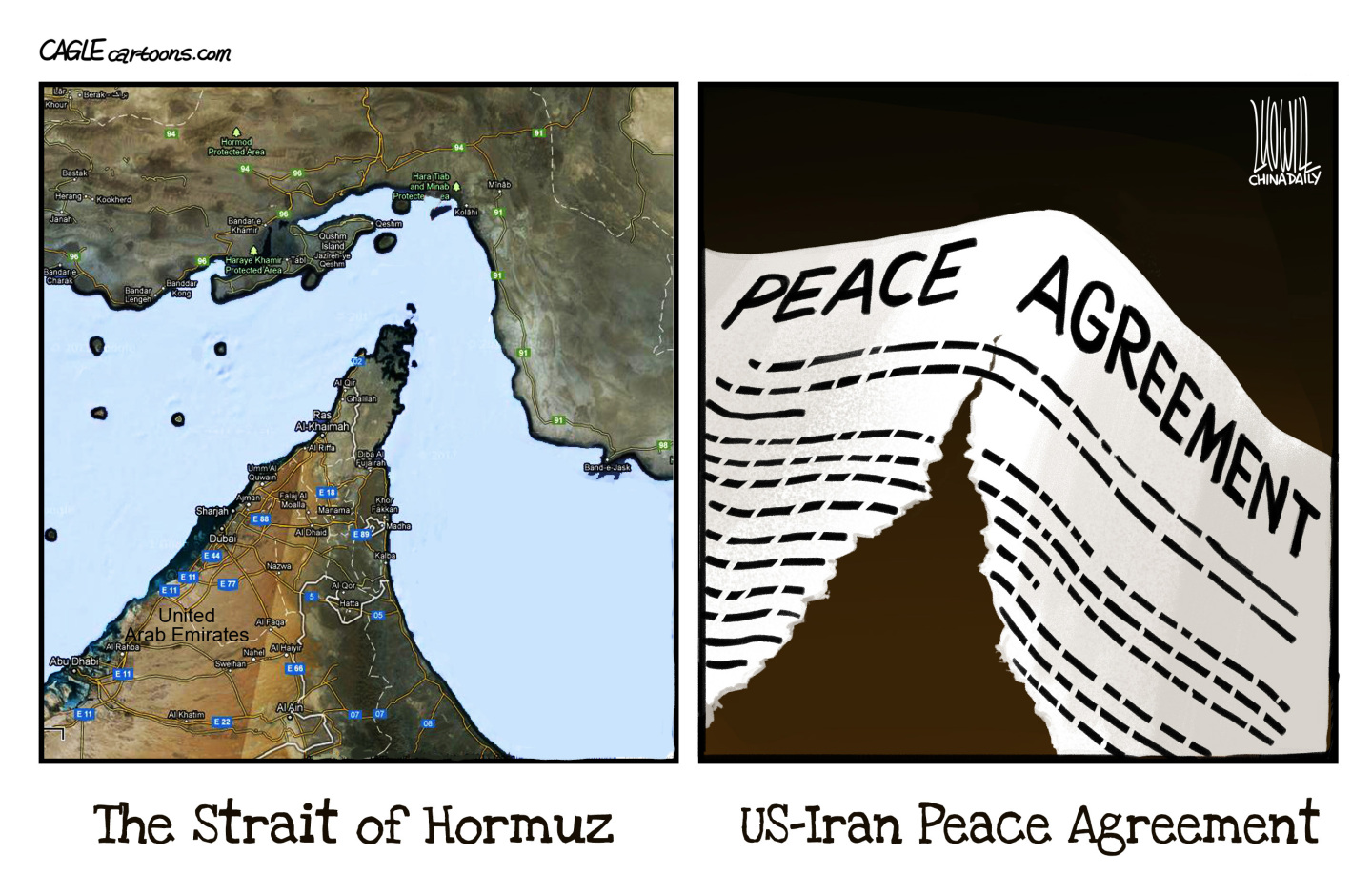 This is a two-panel cartoon that shows an aerial view of The Strait of Hormuz on the left. On the right, a paper with the words &amp;ldquo;Peace Agreement&amp;rdquo; has been ripped by a sharp shape that is the same as the Strait of Hormuz.