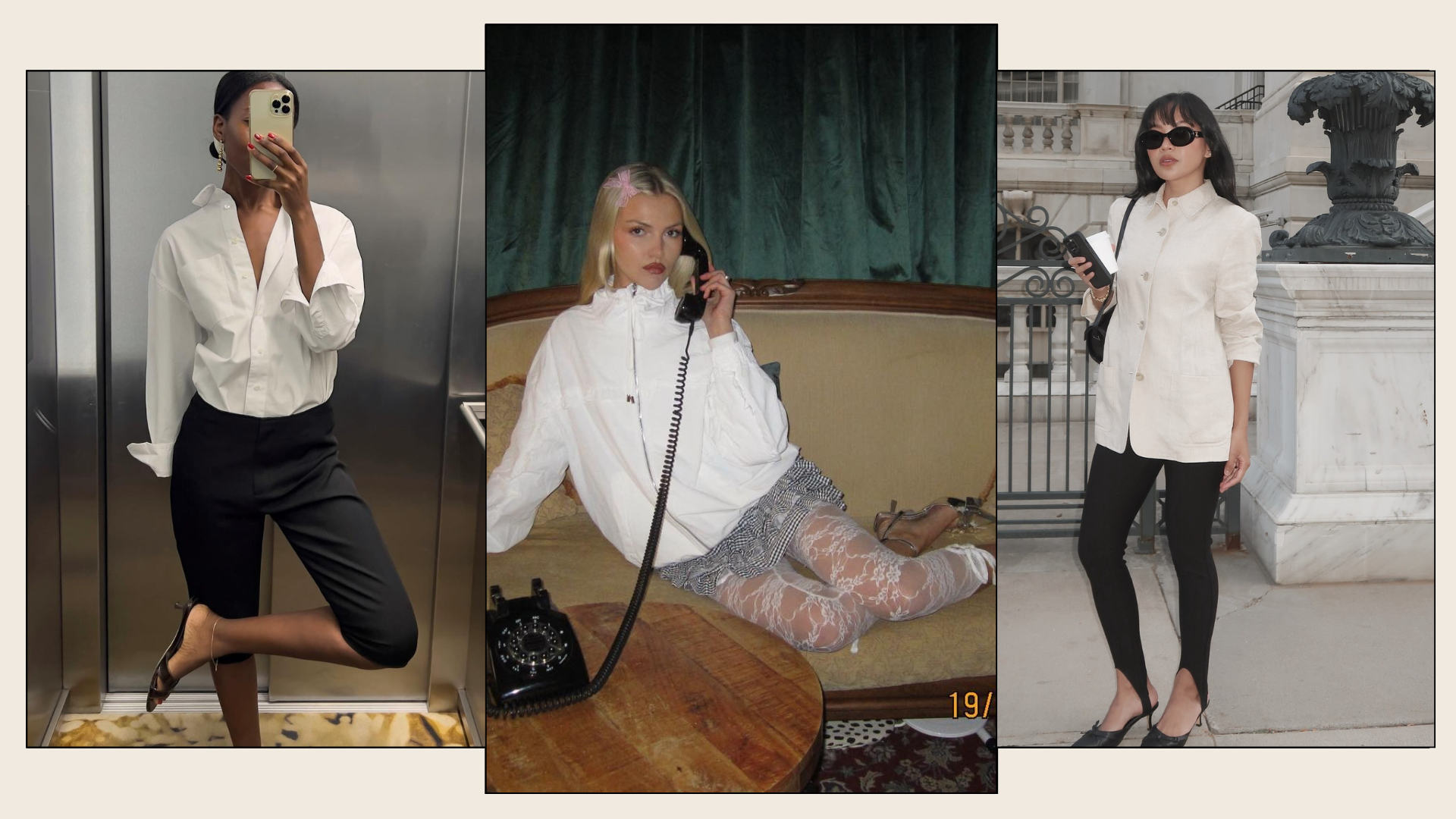 Three fashion people wear winter leggings trends 2025. They wear capri leggings, lace leggings and stirrup leggings.