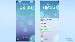 Two screenshots showing how to select Google Maps lock screen widgets in iOS