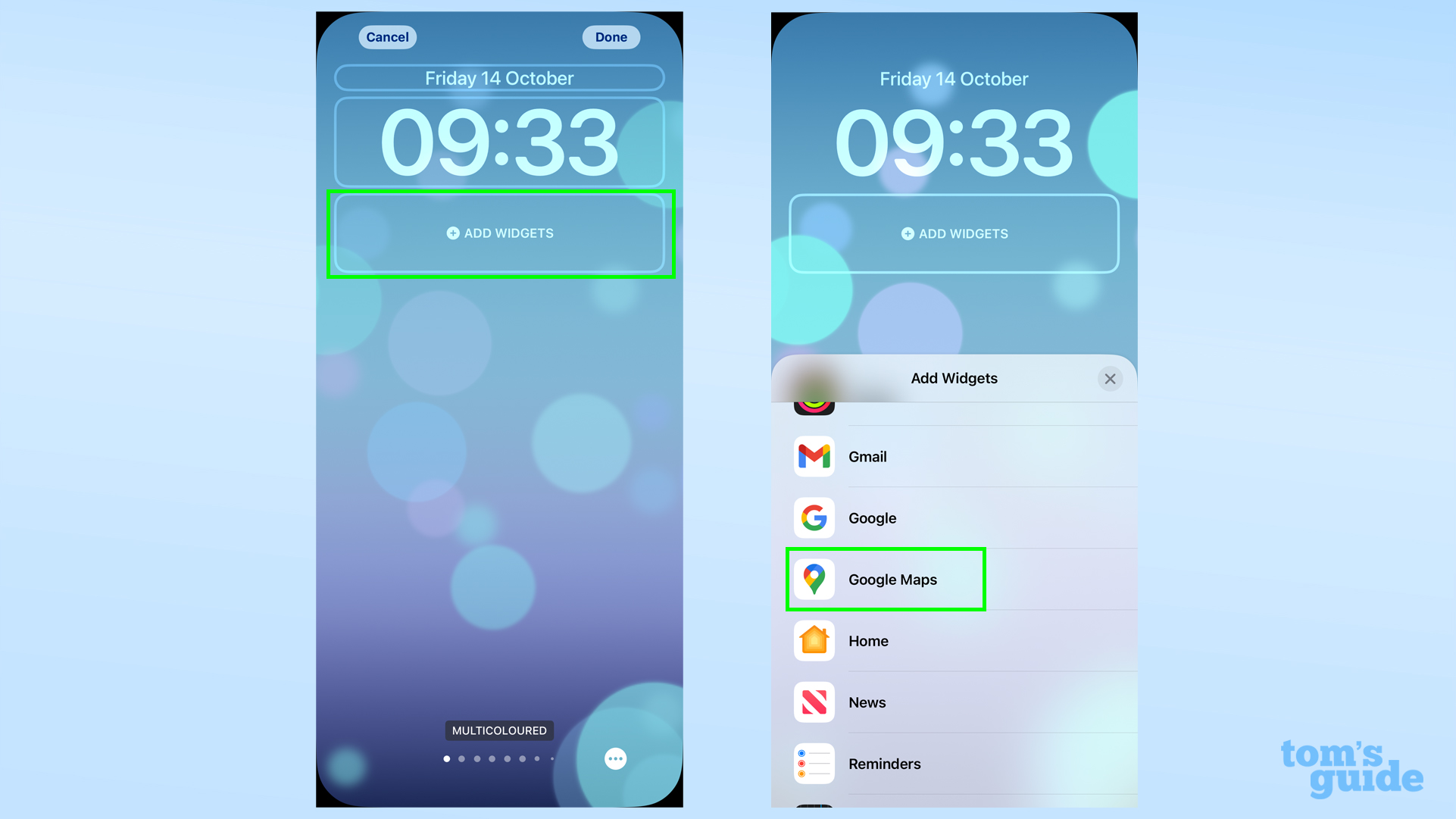 Два снимка экрана, показывающие, как выбрать виджеты экрана блокировки Google Maps в iOS